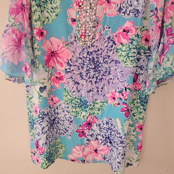 Lilly Pulitzer Elenora Silk Dress Floral Pearls Beaded Womens Size Large - Picture 3 of 13